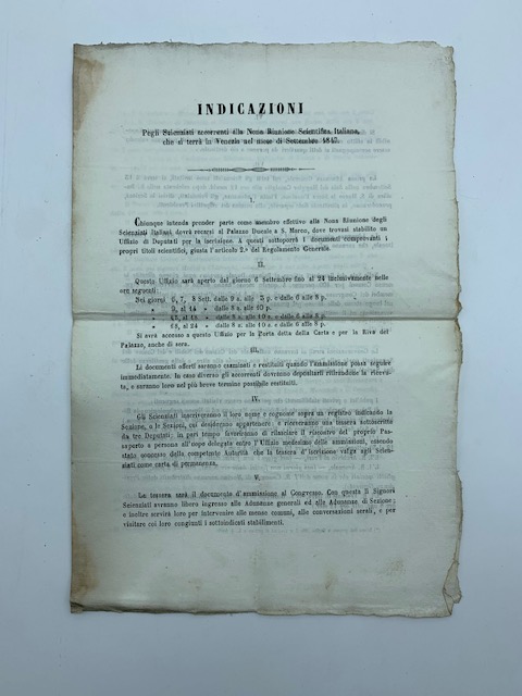 Indicazioni per gli scienziati accorrenti alla Nona Riunione Scientifica Italiana che si terrà in Venezia nel mese di settembre 1847